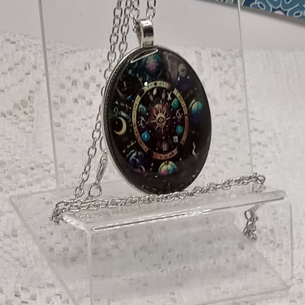 Zodiac Celestial Necklace Oval Pendant Astrological Symbols Silver-tone Chain - Picture 7 of 10